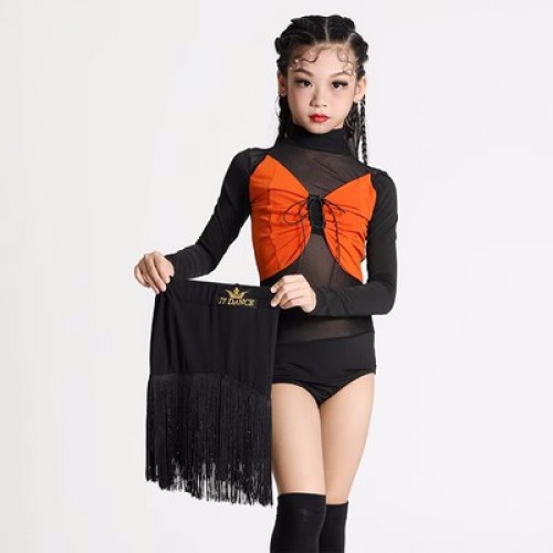 Girls kids black with orange fringe latin dance dresses for children salsa rumba chacha dance costumes for Girls